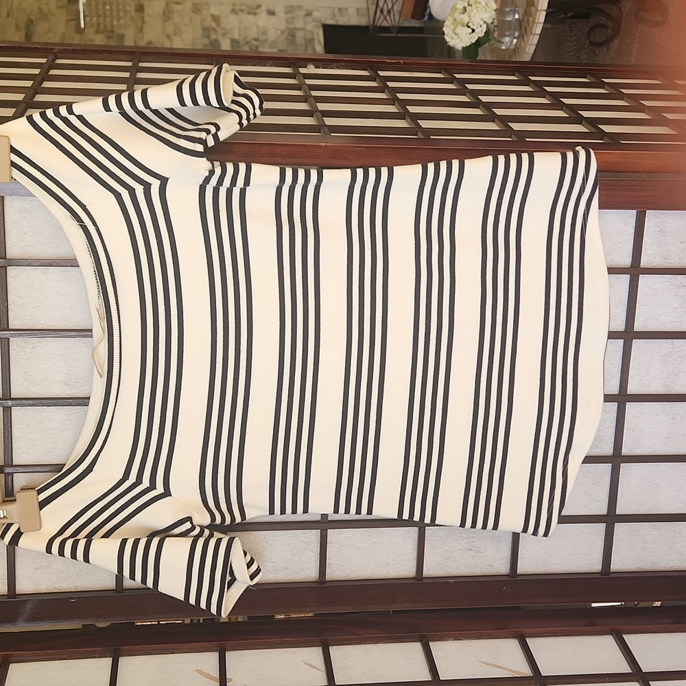 Anne Fontaine Black and White Striped Ribbed Top Altered Without Bell Sleeve